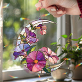 Crescent Moon Petunia Acrylic Suncatcher, Stained Glass Style Purple Pink Floral Window Hanging, Garden Flower Home Decor Gift